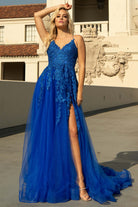 V-Neck Lace Tulle Skirt Slit Long Dress for Wedding & Prom-smcdress