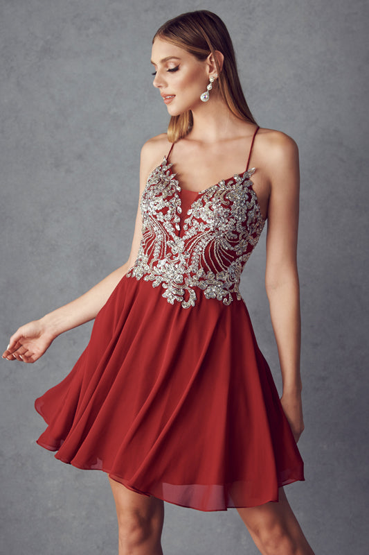Rhinestone embellished chiffon short dress-smcdress