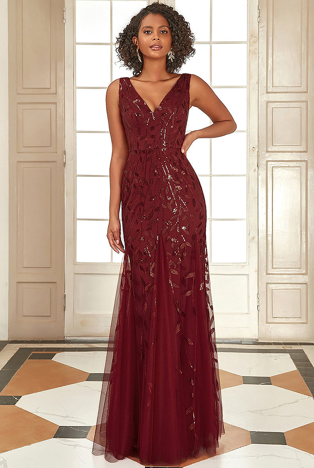 Embroidered Lace V-Neck Prom & Mother's Dress-smcdress