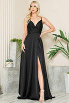 Open-V back satin prom gown w/ spaghetti straps & high slit-smcdress