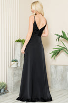 Open-V back satin prom gown w/ spaghetti straps & high slit-smcdress