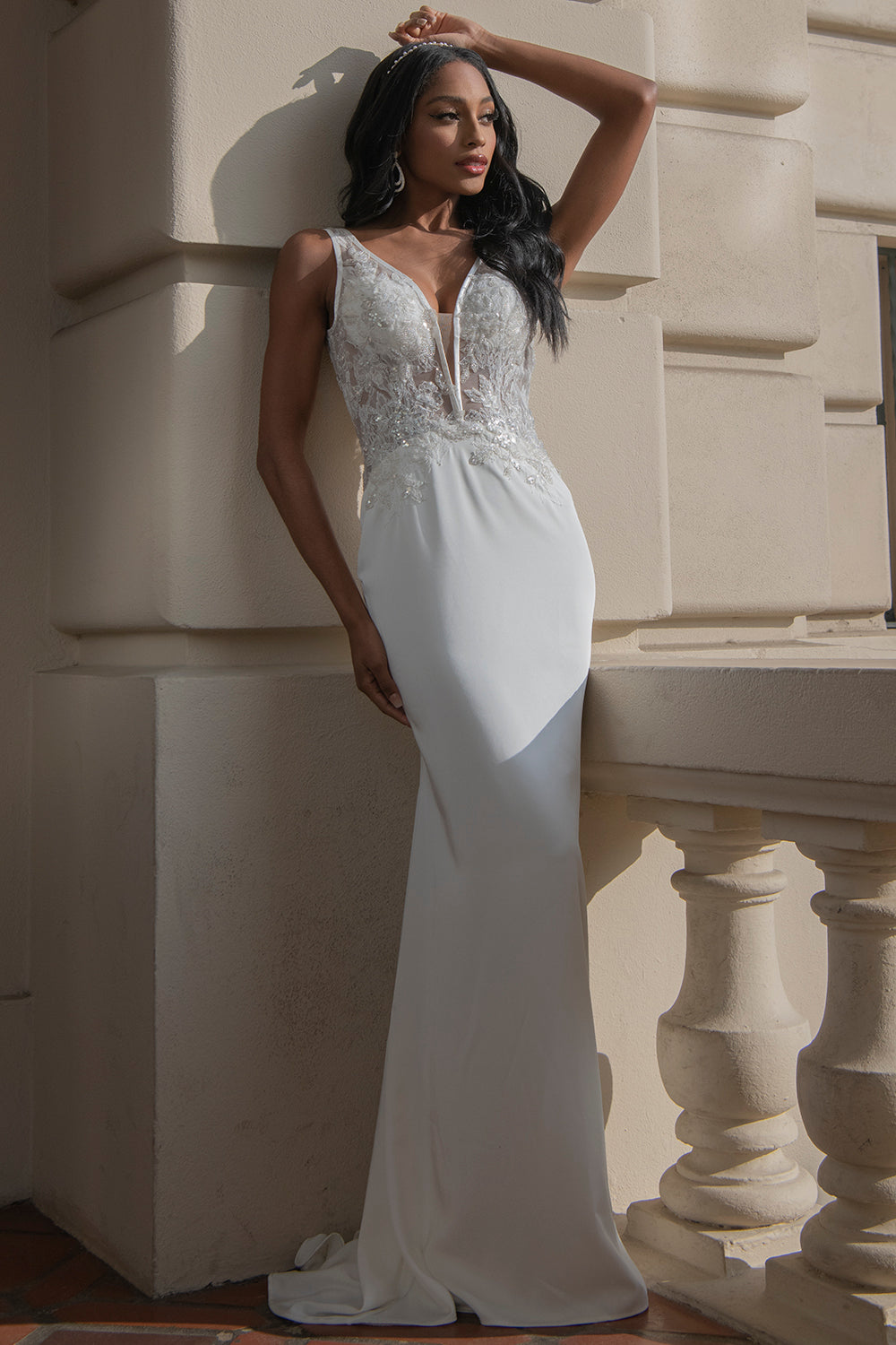 V-Neck Mermaid Long Wedding Dress w/ Open V-Back Illusion-smcdress