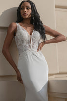 V-Neck Mermaid Long Wedding Dress w/ Open V-Back Illusion-smcdress