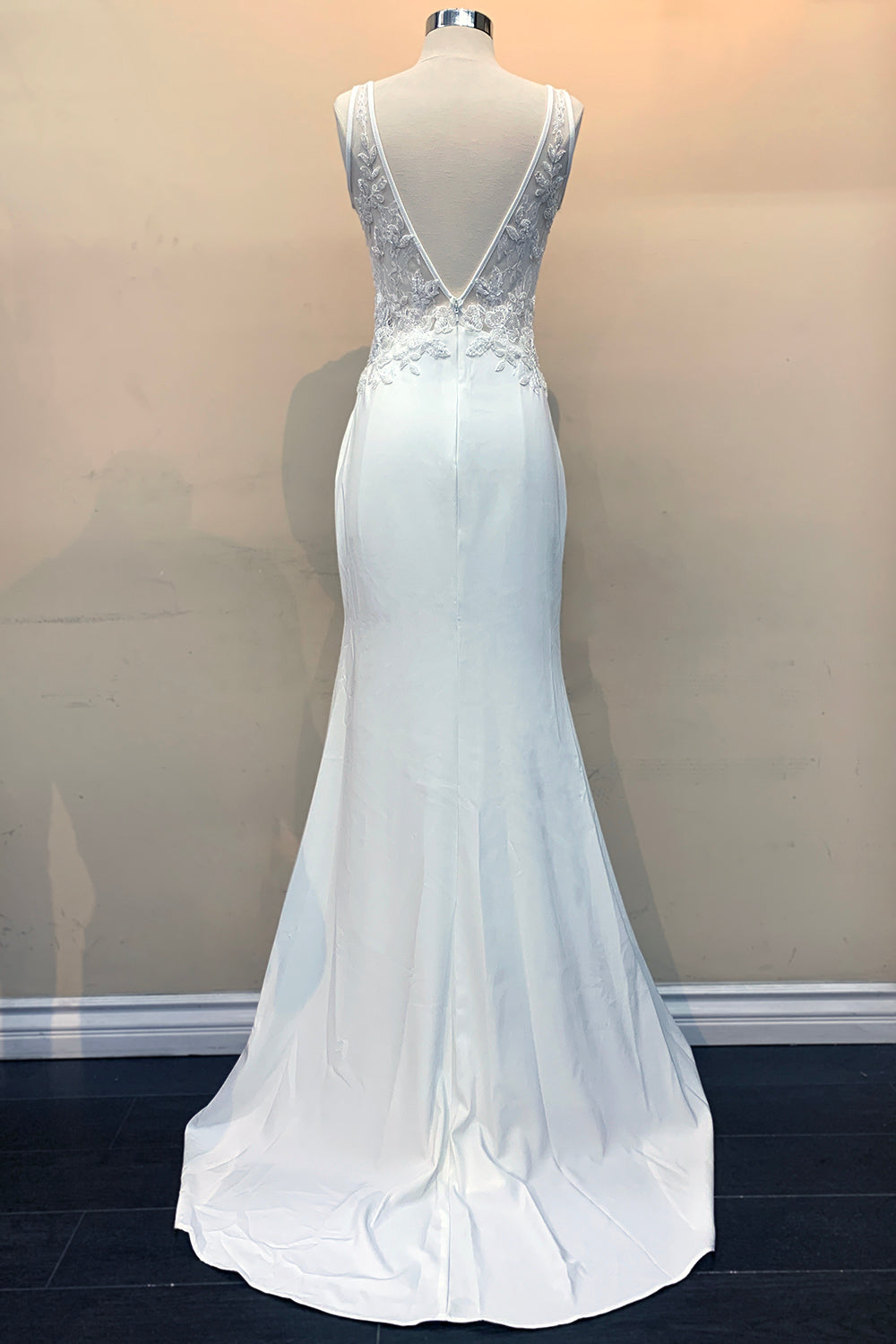 V-Neck Mermaid Long Wedding Dress w/ Open V-Back Illusion-smcdress