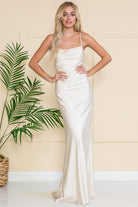 Long Satin Wedding & Evening Dress, Cowl Neck, Spaghetti Straps-smcdress