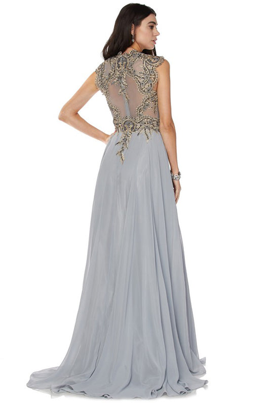 Cap Sleeve Embroidered Bodice Long Dress, MOB-smcdress