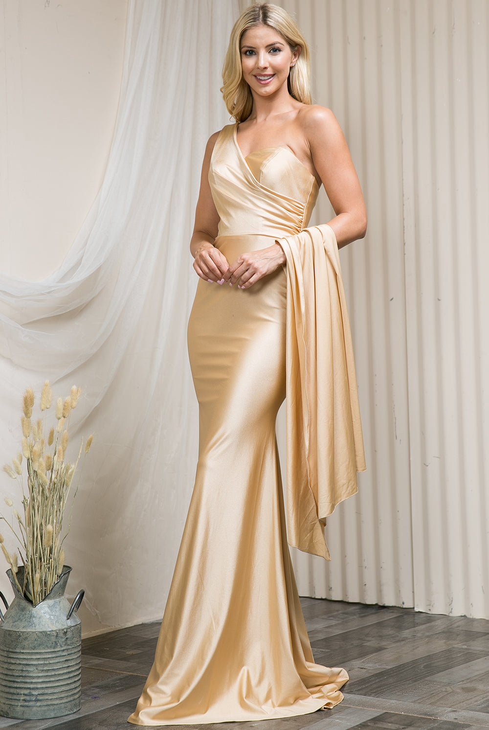 One-Shoulder Lycra Prom Dress with Side Cape-smcdress