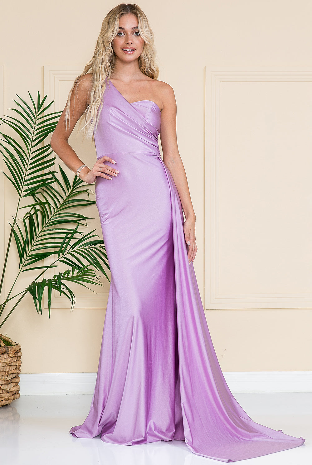 One-Shoulder Lycra Prom Dress with Side Cape-smcdress