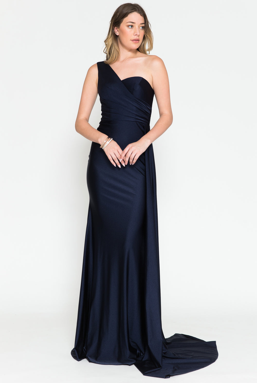 One-Shoulder Lycra Prom Dress with Side Cape-smcdress