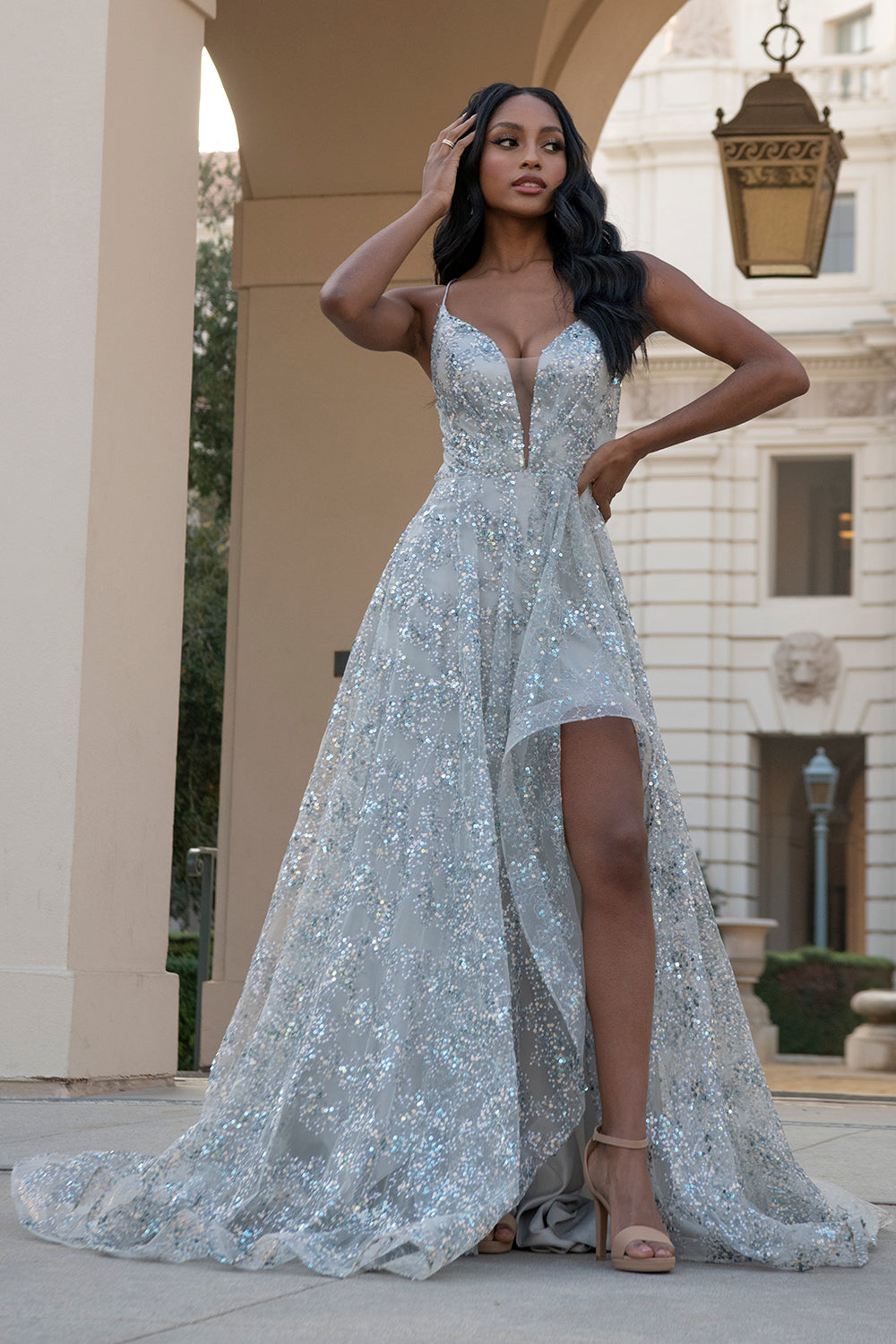 Deep V-Neck Long Prom Dress w/Side Slits, Criss Cross Back & Illusion Detail-smcdress