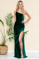 Velvet One Shoulder Long Prom Dress w/ Side Slit-smcdress