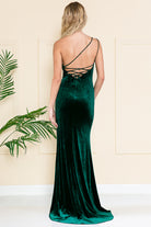 Velvet One Shoulder Long Prom Dress w/ Side Slit-smcdress