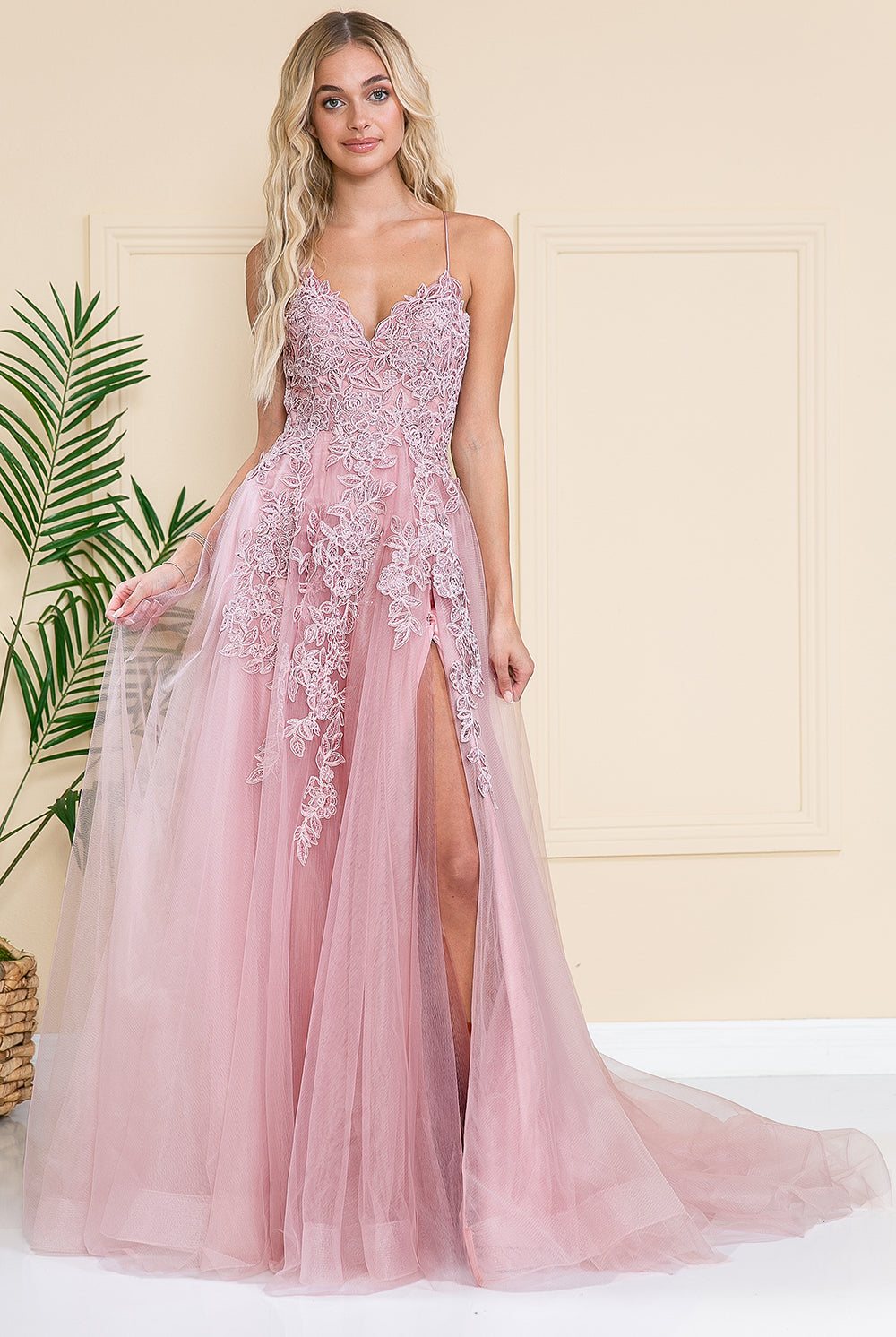 V-Neck Lace Tulle Skirt Slit Long Dress for Wedding & Prom-smcdress