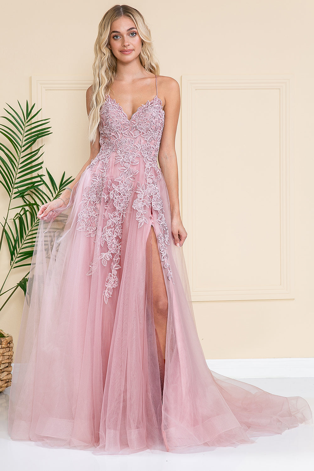 V-Neck Lace Tulle Skirt Slit Long Dress for Wedding & Prom-smcdress