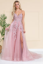 V-Neck Lace Tulle Skirt Slit Long Dress for Wedding & Prom-smcdress