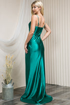 Side Slit Long Prom Dress with Cowl Neck & Satin Spaghetti Straps-smcdress