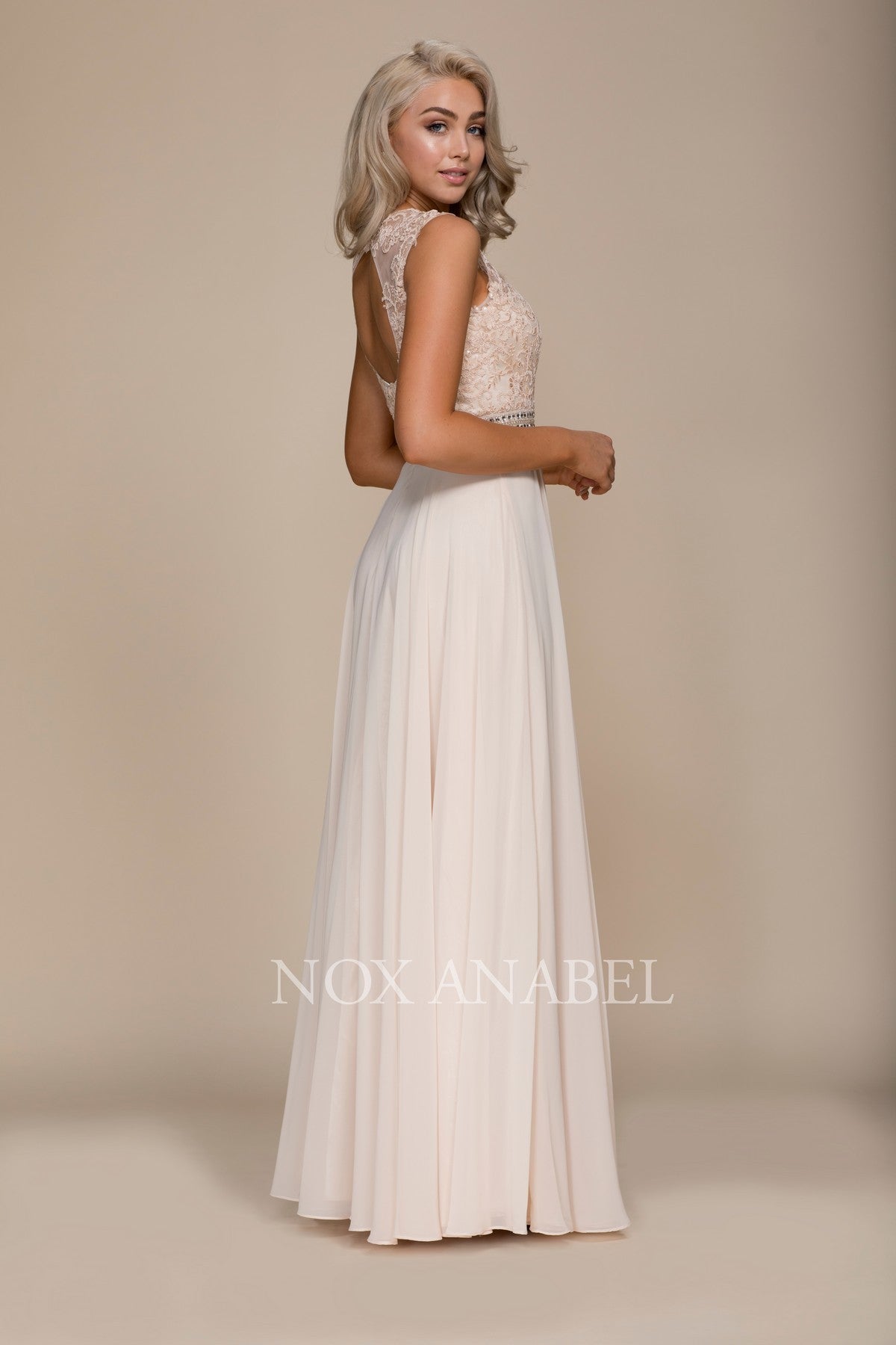 Embroidered Mesh A-Line High Neck Bridesmaid Dress-smcdress