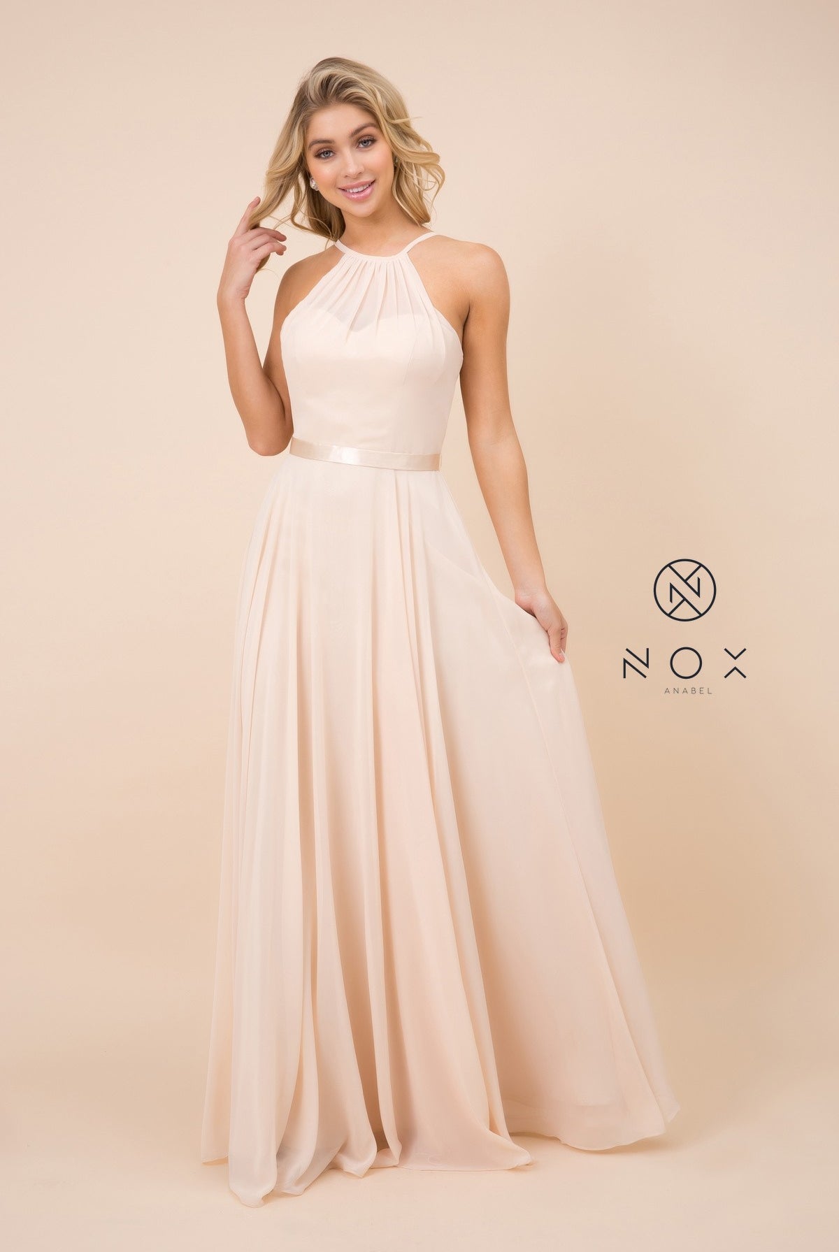 Chiffon A-Line Dress with Halter Neck, Open Back-smcdress
