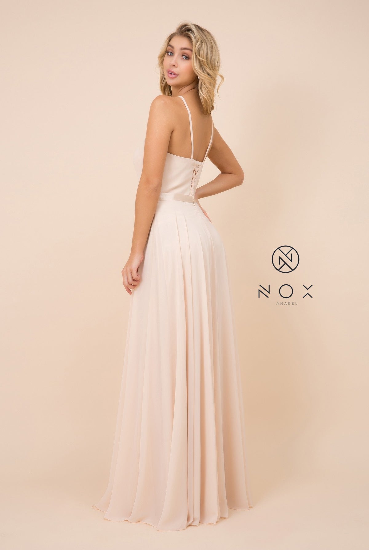 Chiffon A-Line Dress with Halter Neck, Open Back-smcdress