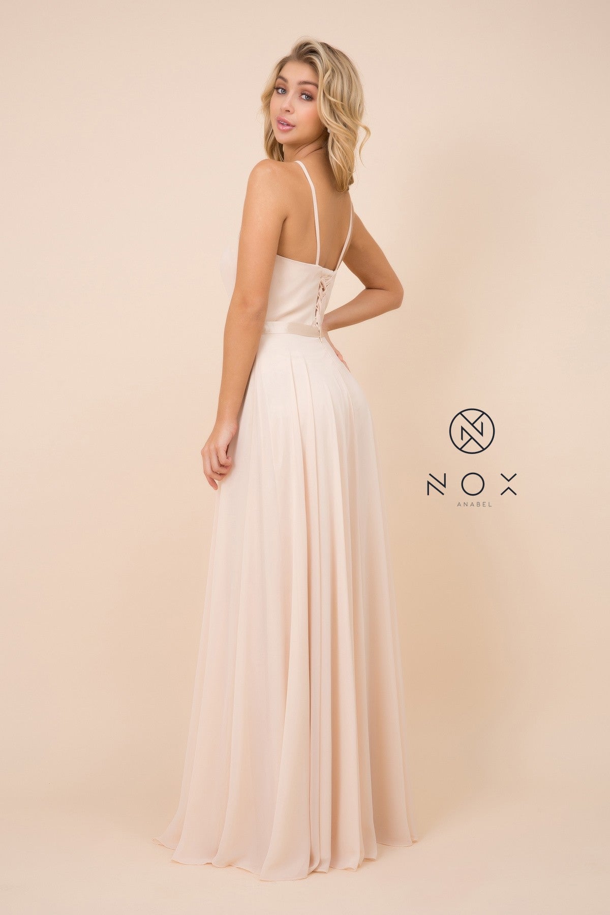 Chiffon A-Line Dress with Halter Neck, Open Back-smcdress