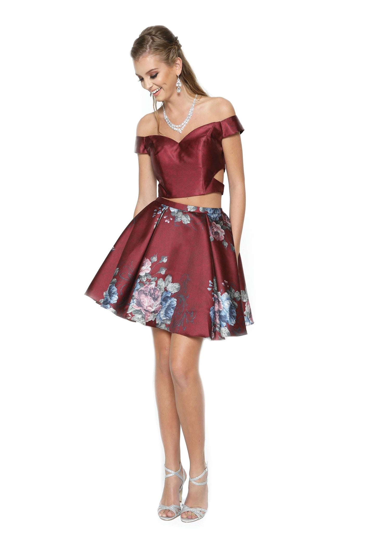 Floral off-shoulder two-piece dress for cocktail and homecoming-smcdress