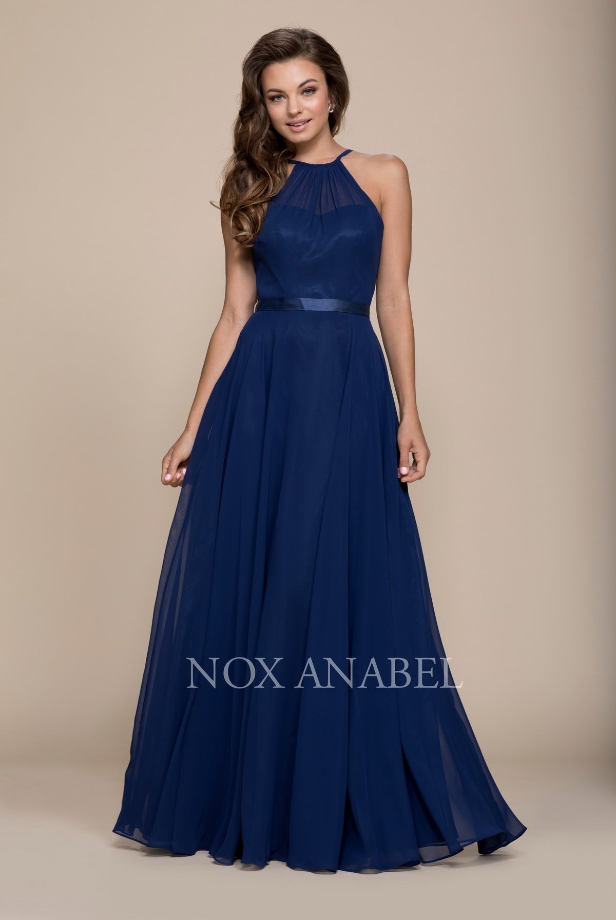 Chiffon A-Line Dress with Halter Neck, Open Back-smcdress