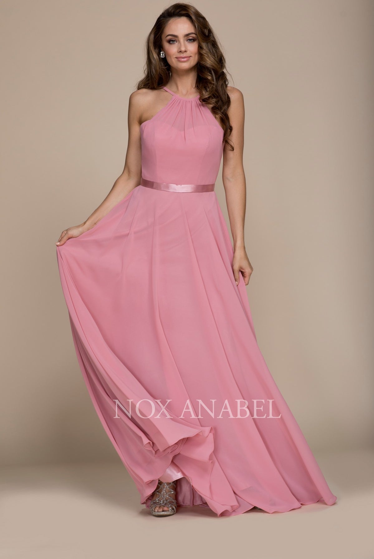 Chiffon A-Line Dress with Halter Neck, Open Back-smcdress