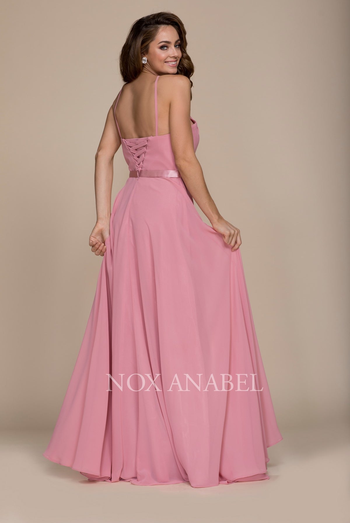 Chiffon A-Line Dress with Halter Neck, Open Back-smcdress