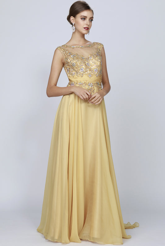 Sleeveless Mesh Prom & Bridesmaid Dress with Gathered Waist-smcdress