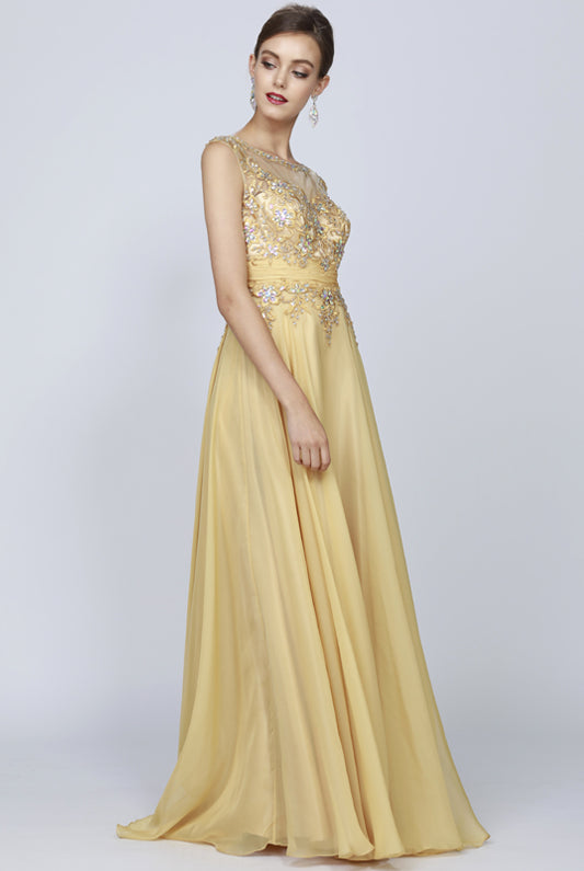 Sleeveless Mesh Prom & Bridesmaid Dress with Gathered Waist-smcdress