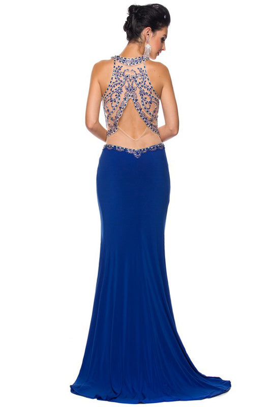Mesh waistline and side slit evening prom gown-smcdress