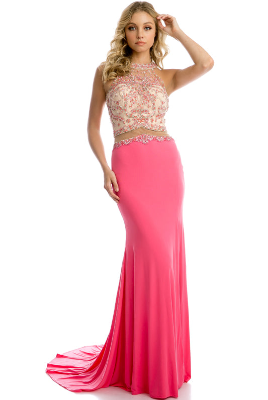 Mesh Halter Dress with Side Slits, Long-smcdress