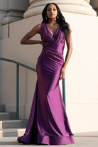Sleeveless fit & flare lycra gown with a ruched wait sash on top-smcdress