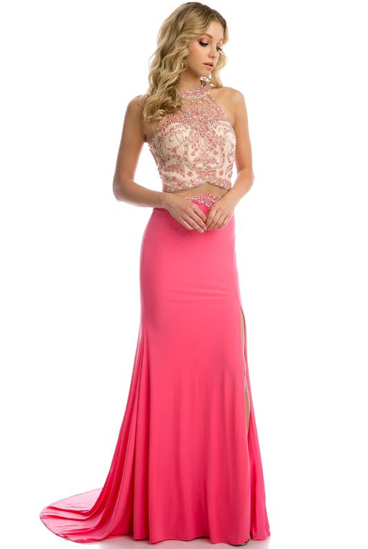 Mesh Halter Dress with Side Slits, Long-smcdress