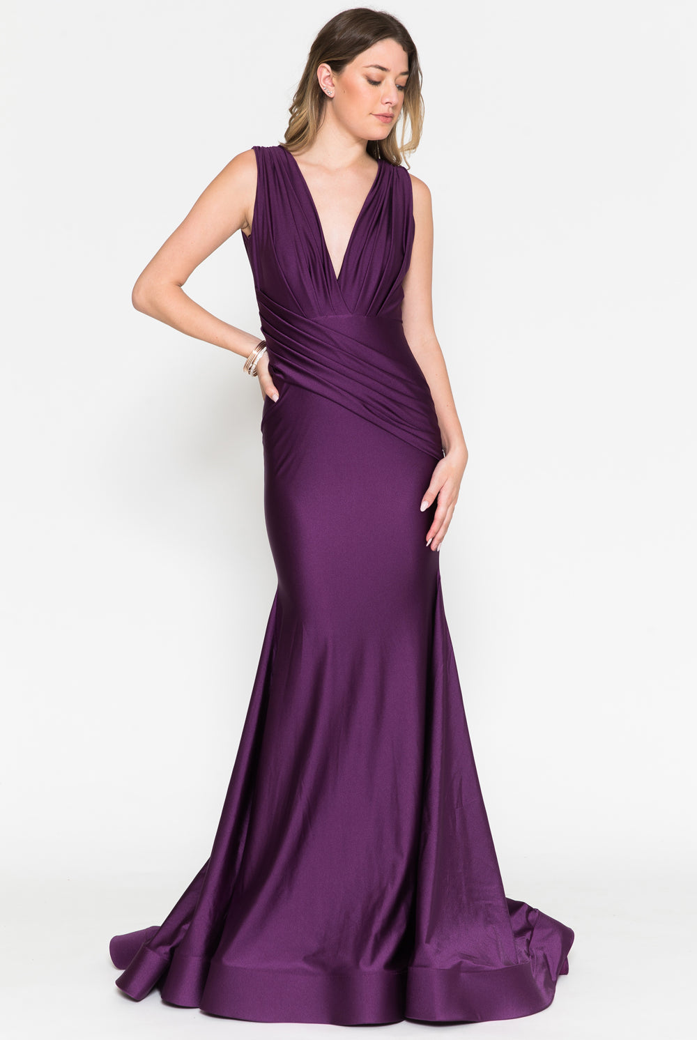 Sleeveless fit & flare lycra gown with a ruched wait sash on top-smcdress