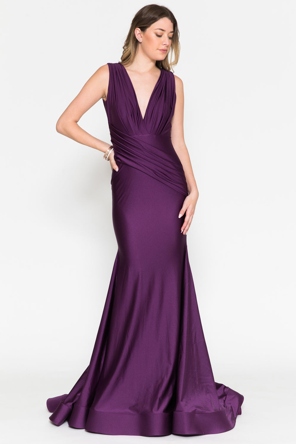Sleeveless fit & flare lycra gown with a ruched wait sash on top-smcdress