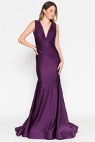 Sleeveless fit & flare lycra gown with a ruched wait sash on top-smcdress