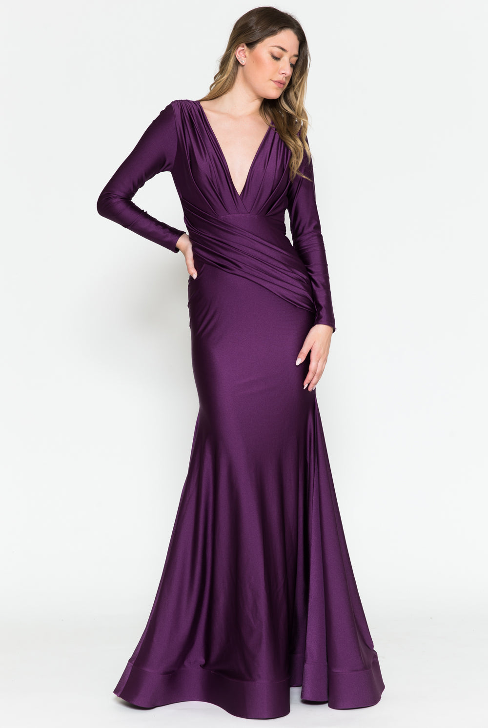 Long Prom Dress: Plunge Neck, Open Back, Long Sleeve-smcdress
