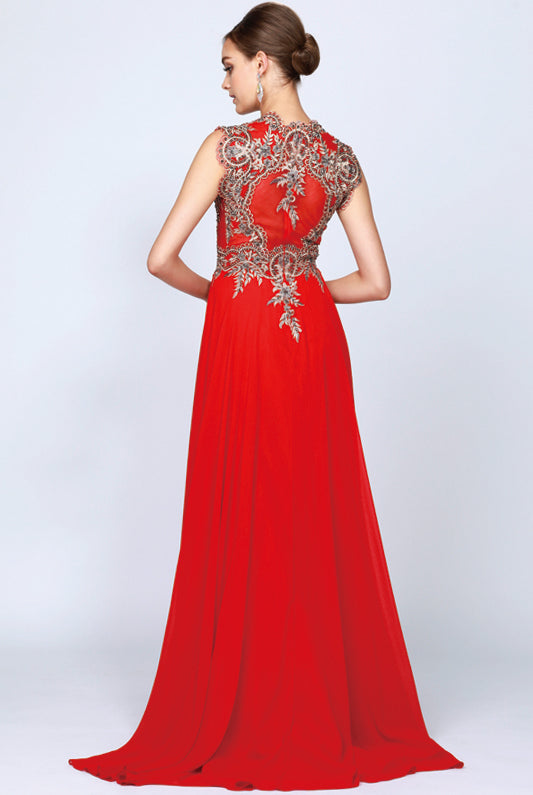 Cap Sleeve Embroidered Bodice Long Dress, MOB-smcdress