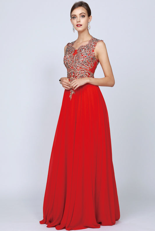 Cap Sleeve Embroidered Bodice Long Dress, MOB-smcdress