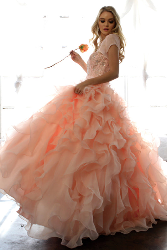 Beaded Corset Bodice with Organza Ruffle Skirt Ball Gown Quinceanera Dress-smcdress