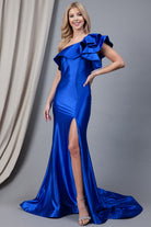 One Shoulder Prom Dress w/Satiny Slit-smcdress