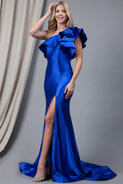 One Shoulder Prom Dress w/Satiny Slit-smcdress