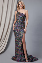 Embroidered Sequin Prom Dress, Long w/One Shoulder Back Detail-smcdress
