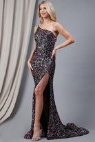 Embroidered Sequin Prom Dress, Long w/One Shoulder Back Detail-smcdress