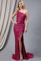 Embroidered Sequin Prom Dress, Long w/One Shoulder Back Detail-smcdress