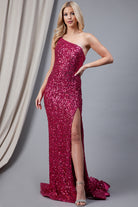 Embroidered Sequin Prom Dress, Long w/One Shoulder Back Detail-smcdress
