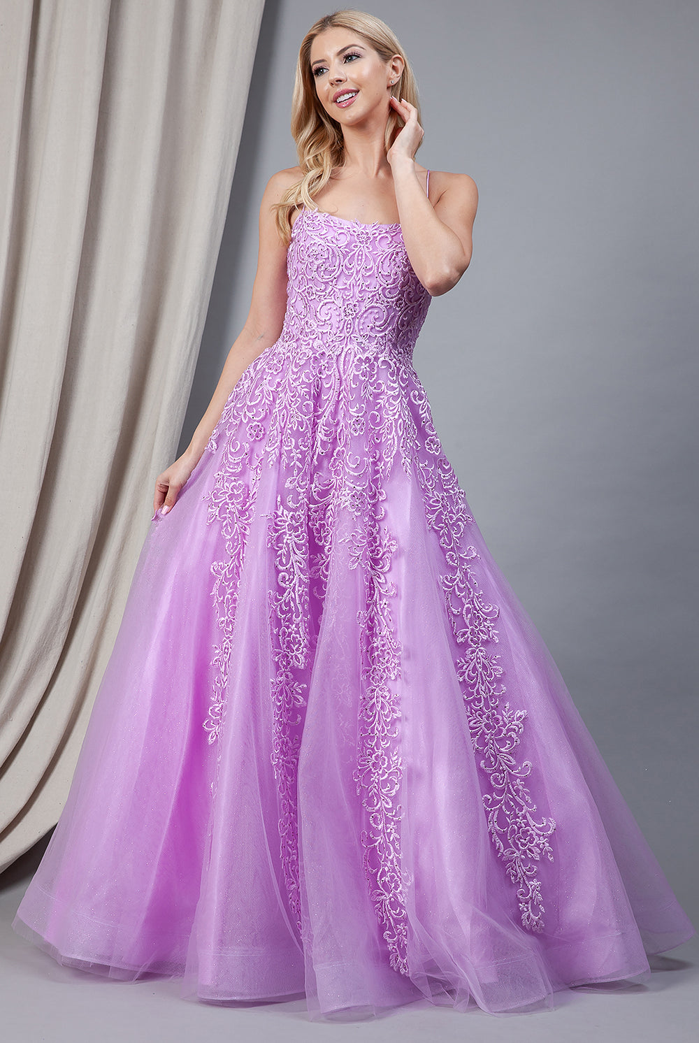 Boat Neck Embroidered Lace Prom Dress w/Lace Up Back-smcdress