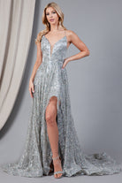 Deep V-Neck Long Prom Dress w/Side Slits, Criss Cross Back & Illusion Detail-smcdress