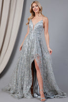 Deep V-Neck Long Prom Dress w/Side Slits, Criss Cross Back & Illusion Detail-smcdress